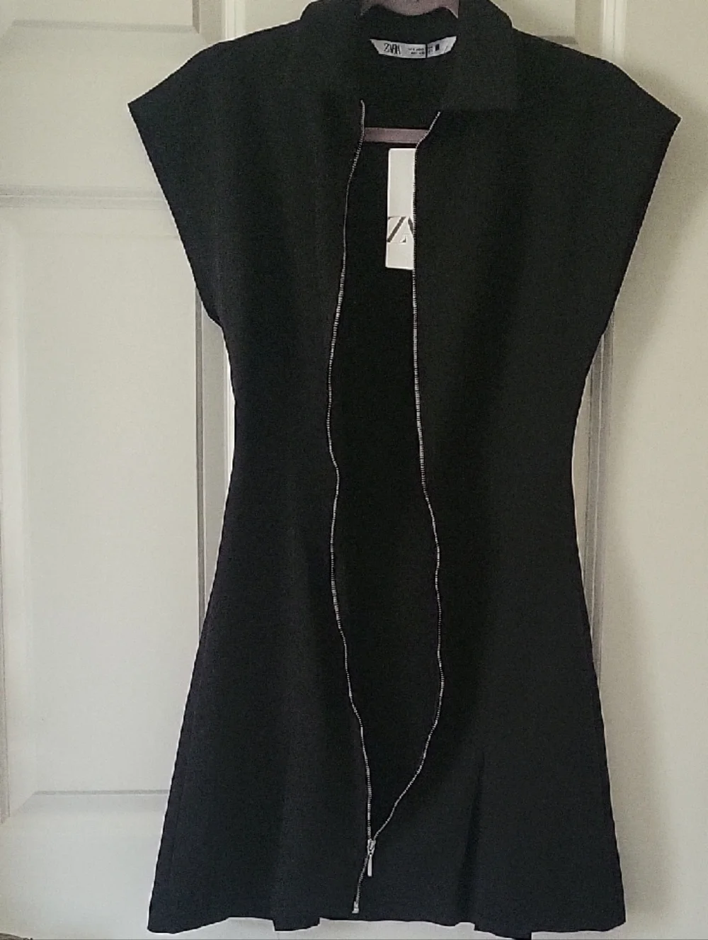 Zara Black Zip Front Mini Dress Collar Cap Sleeve A-Line Womens Size S NWT - Picture 6 of 9
